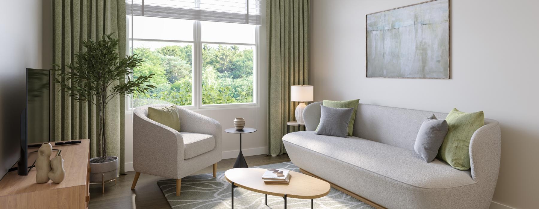a living room with a fan and couches