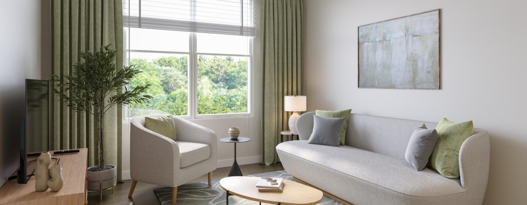 a living room with a fan and couches